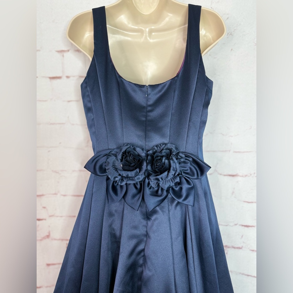 JESSICA McCLINTOCK Navy Satin Floor Length Prom Dress Size 10 Satin Rose Formal - Picture 15 of 16